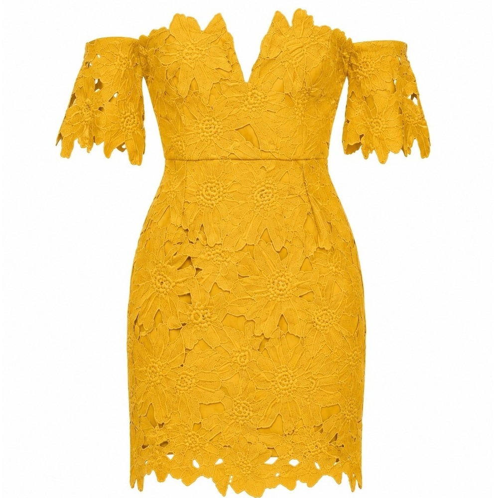 Few Moda‎ New York Yellow Floral Lace Off Shoulder Mini Dress Small RN 151041